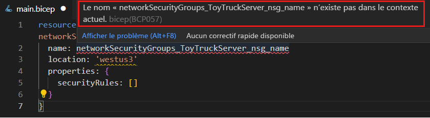 Capture d’écran de l’éditeur Visual Studio Code qui montre la ressource migrée, avec une info-bulle affichant une erreur en raison du paramètre manquant.