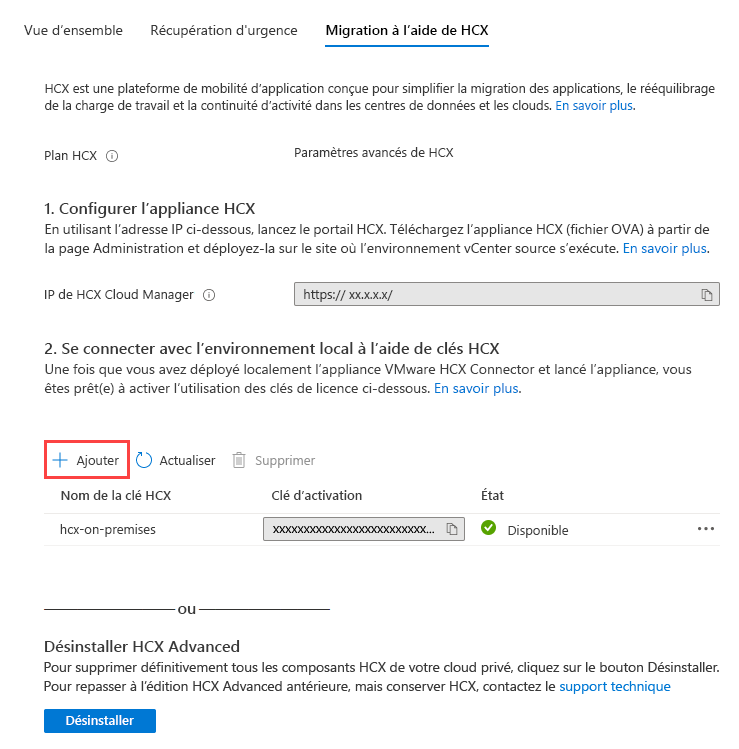 Screenshot that shows where to add the VMware HCX key in the Azure portal for use on-premises.