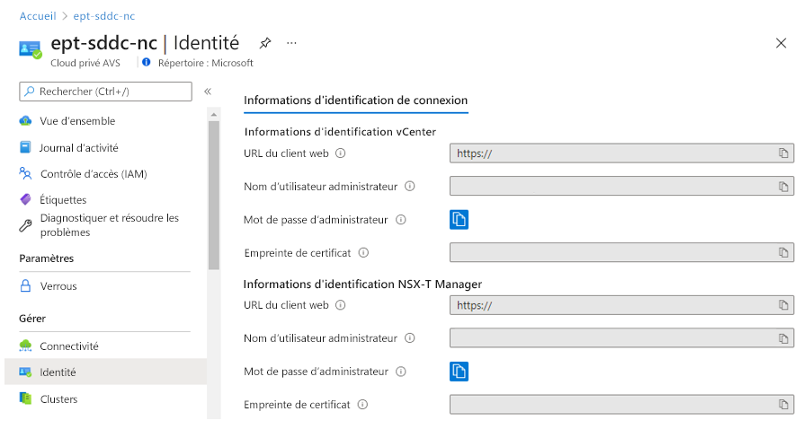 Screenshot of where to find the vCenter and NSX sign-in information in the Azure portal.