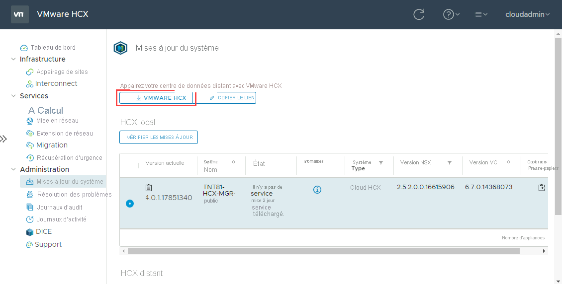 Screenshot of selecting VMware HCX, which downloads the OVA file for deployment on-premises.