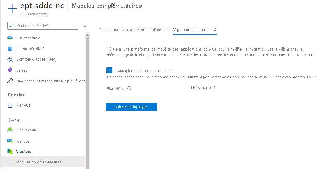 Screenshot displaying how to enable the VMware HCX add-on within the Azure portal.