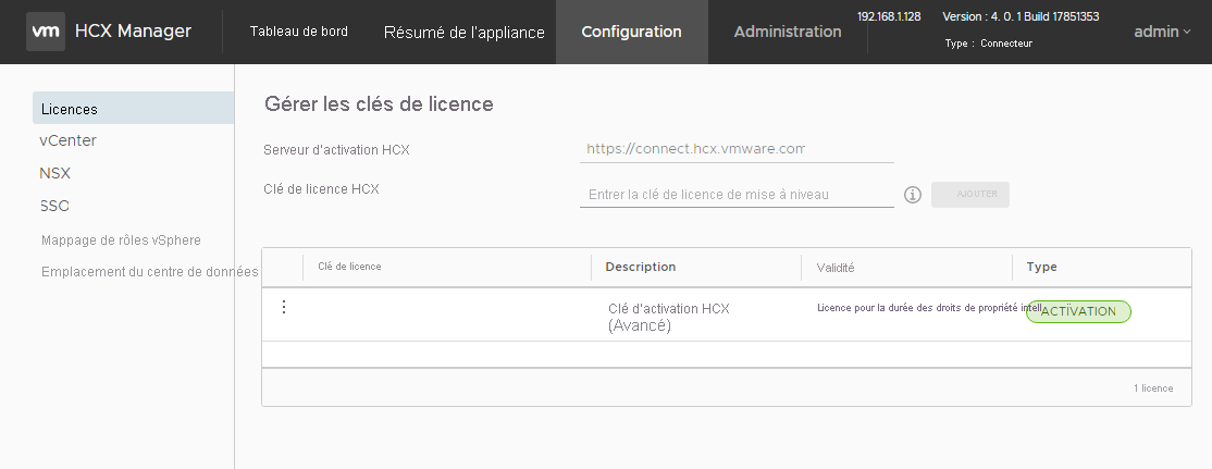 Screenshot of where to enter the VMware HCX Connector license key on-premises.