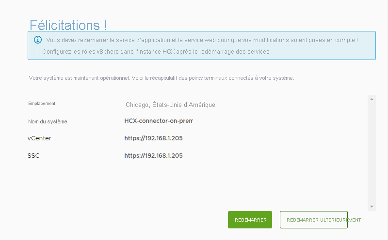 Screenshot of the end of configuring VMware HCX Manager on-premises.