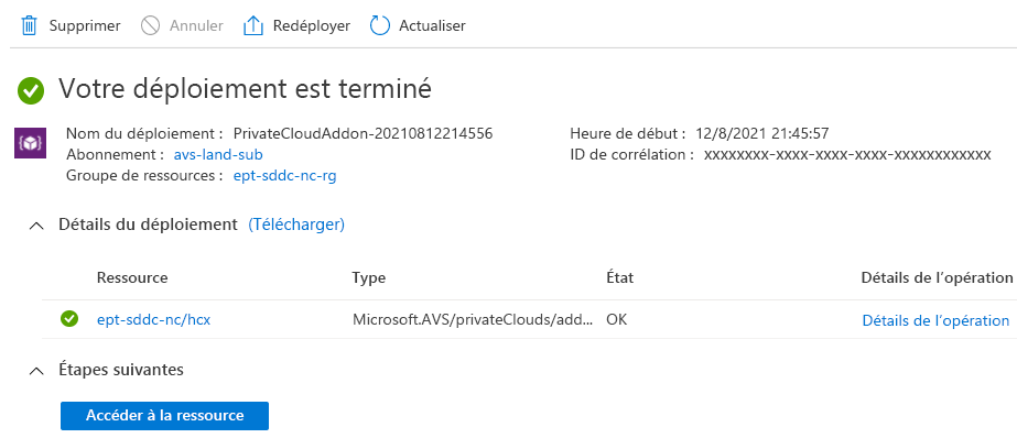 Screenshot displaying that the VMware HCX add-on installed after enabling the service within the Azure VMware Solution private cloud.