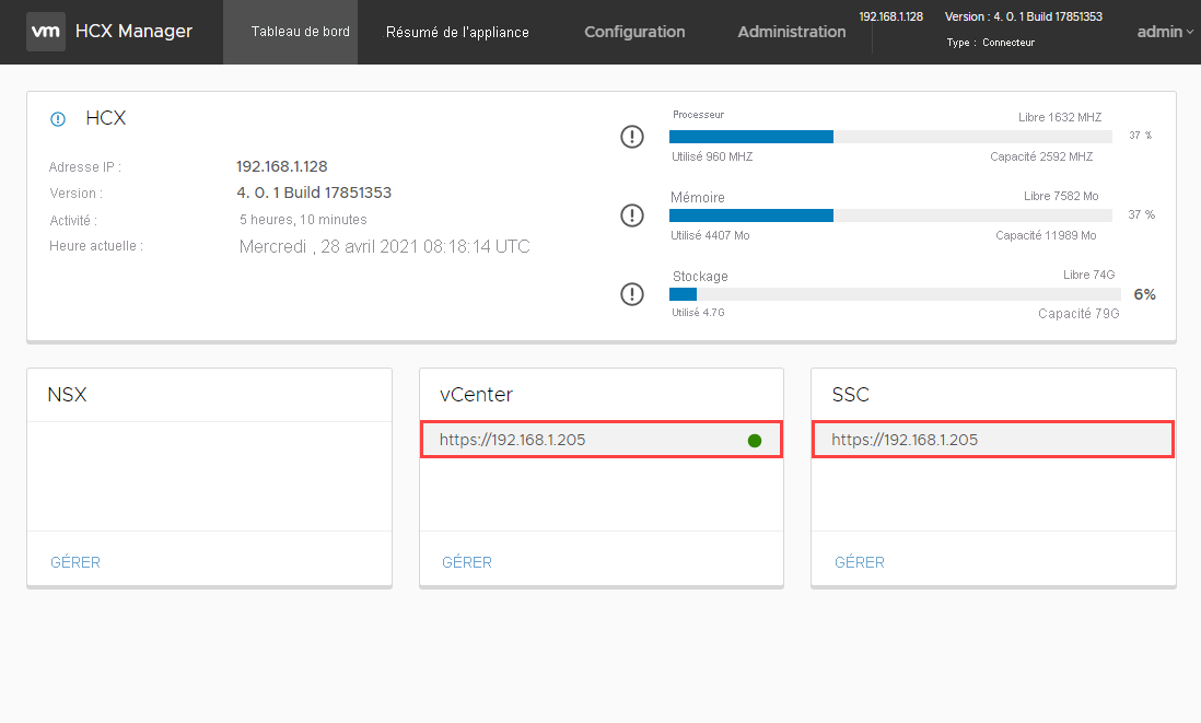 Screenshot of vCenter and Platform Services Controller SSO configured correctly in the on-premises VMware HCX Connector appliance.