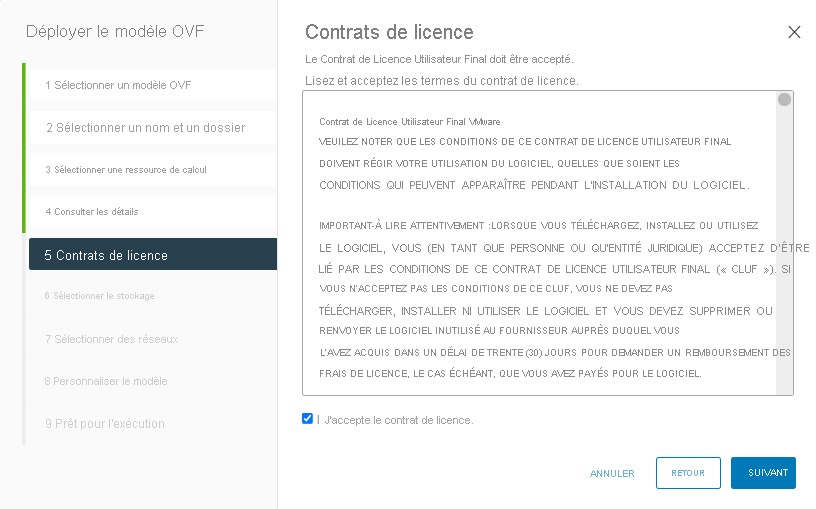 Screenshot of accepting all license agreements during VMware HCX Connector deployment on-premises.