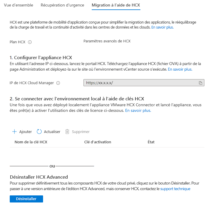 Screenshot showing that the VMware HCX add-on is enabled and that there are more options to configure after the add-on finishes installing.