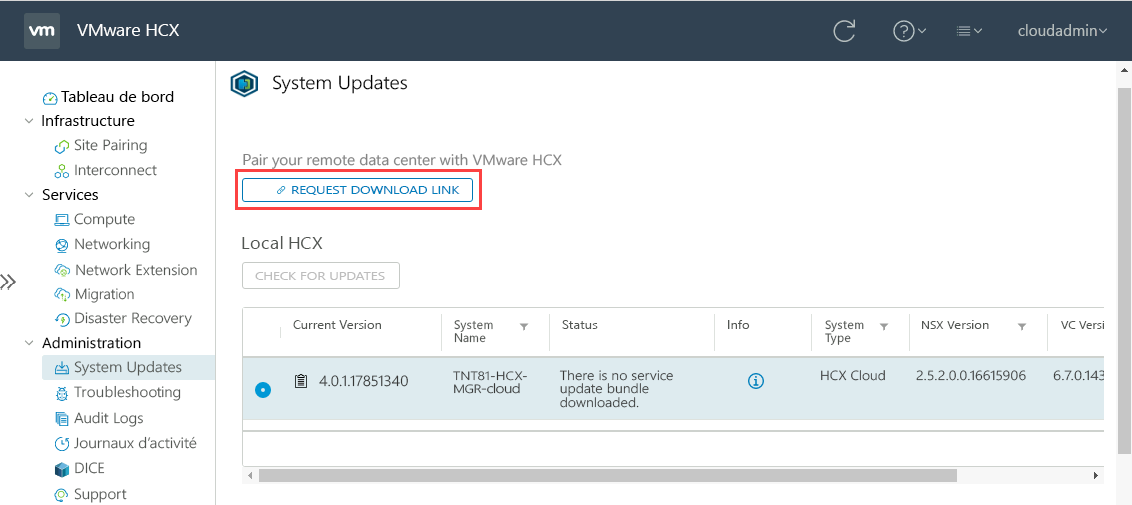 Screenshot of where to request a download link to the VMware HCX Connector OVA file for the on-premises VMware environment.