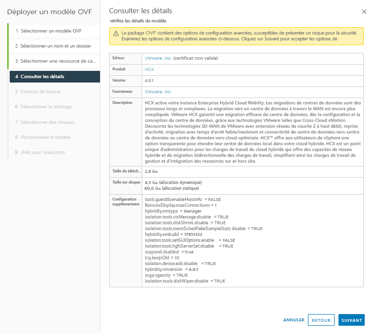 Screenshot to review advanced configuration details of the VMware HCX Connector appliance.