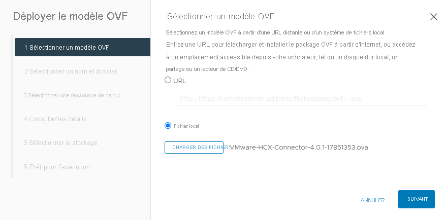 Screenshot that shows how to select a local file when prompted, during the VMware HCX Connector deployment within vCenter on-premises.