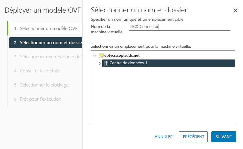 Screenshot of where to name the VMware HCX Connector appliance and where to select the datacenter within vCenter on-premises.