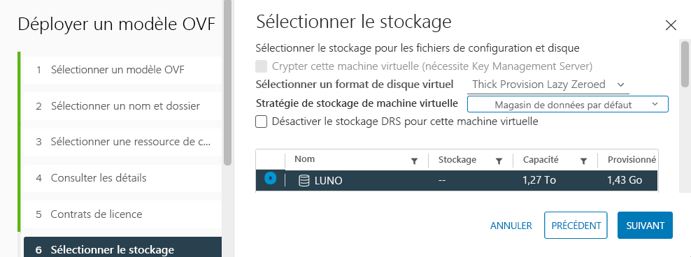 Screenshot of selecting storage for the VMware HCX Connector appliance on-premises.