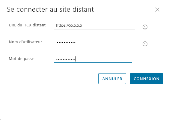 Screenshot of how to connect to the remote HCX URL from the on-premises HCX Connector.