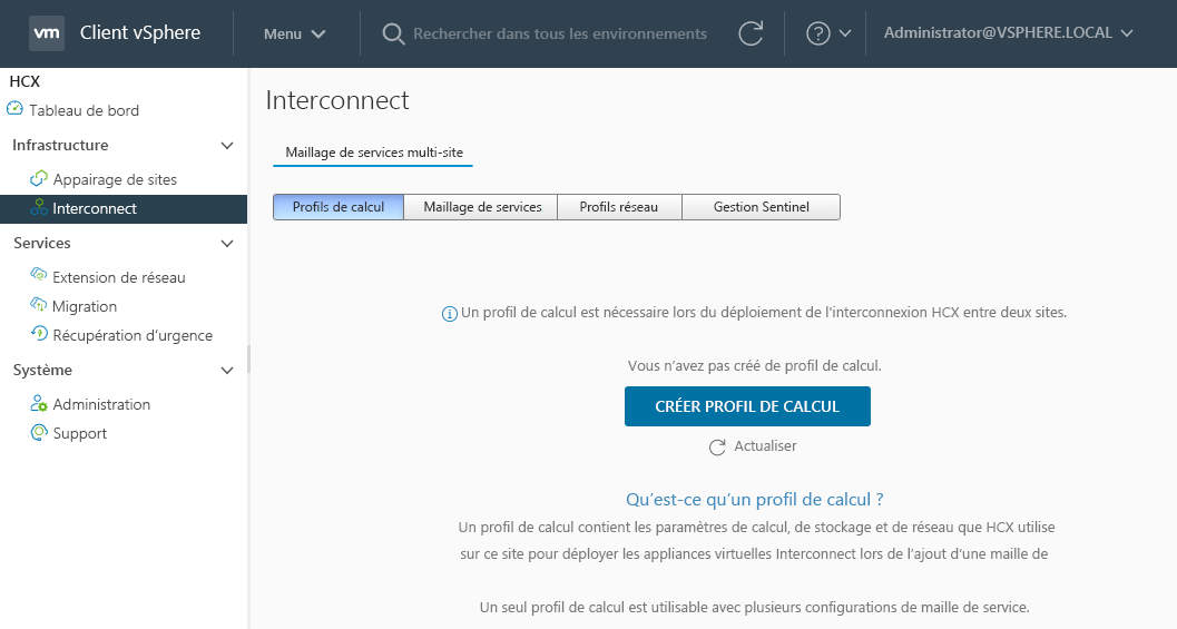 Screenshot of where to create an HCX compute profile in HCX Connector on-premises.