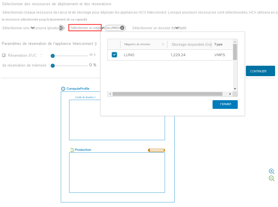 Screenshot that shows a selected data storage resource and the continue button in the on-premises HCX Connector.