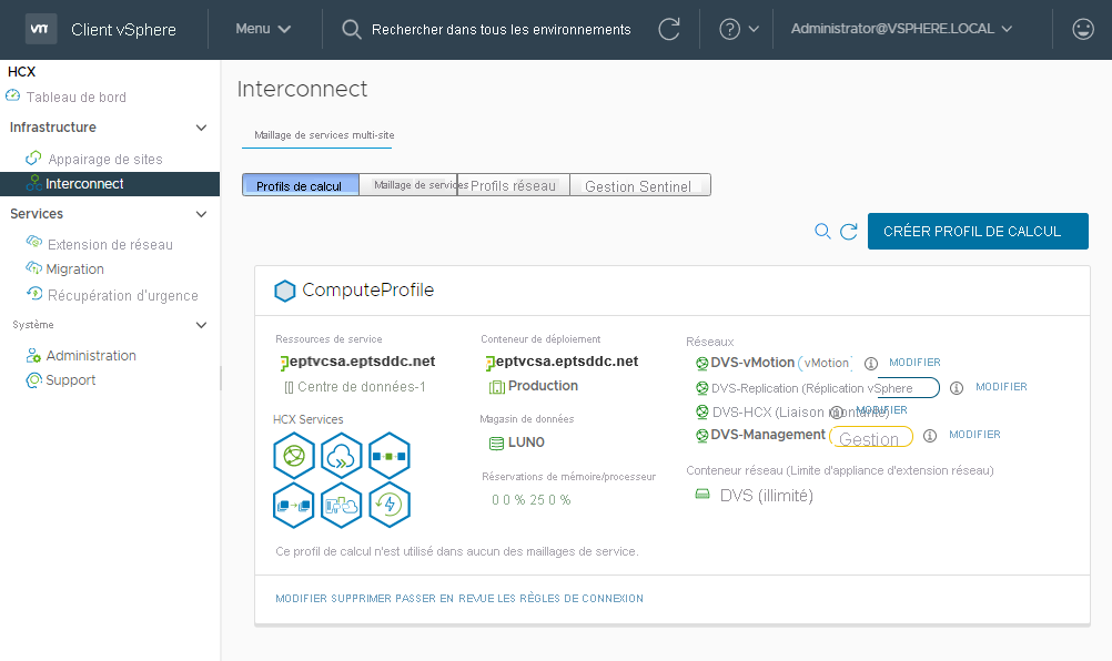 Screenshot showing the compute profile completely configured in the on-premises HCX Connector.