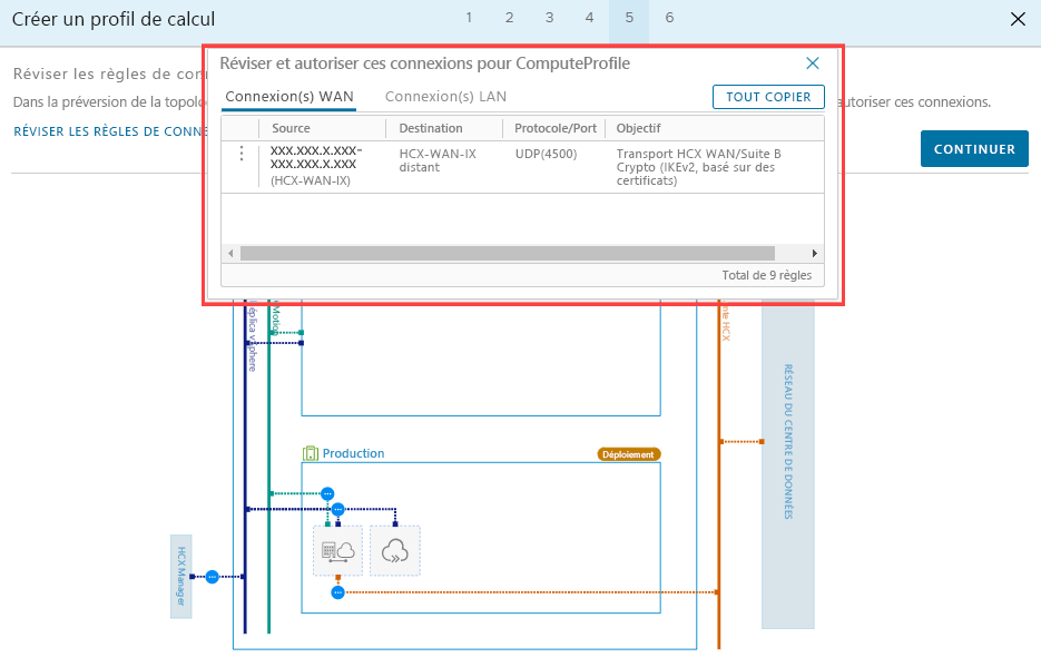 Screenshot that shows the connection rules and the Continue button in the on-premises HCX Connector.