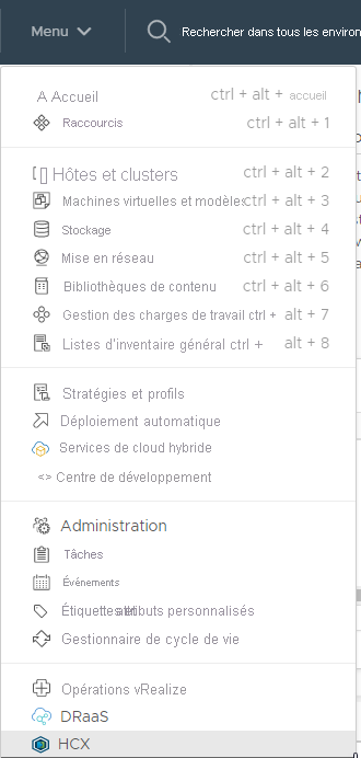 Screenshot of where to find HCX in the menu within vCenter on-premises.