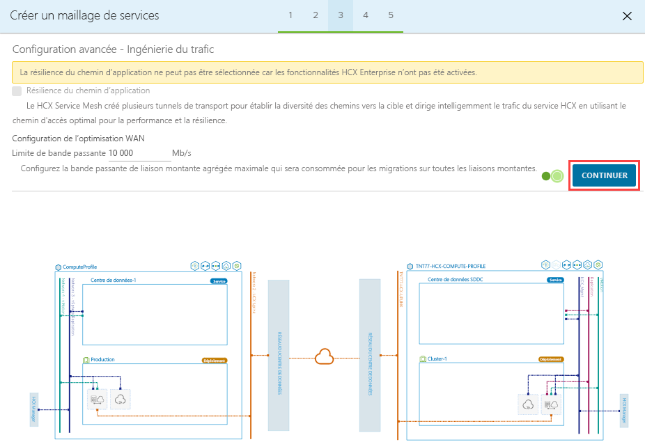 Screenshot displaying that application resiliency can't be selected because there isn't an HCX Enterprise license key.