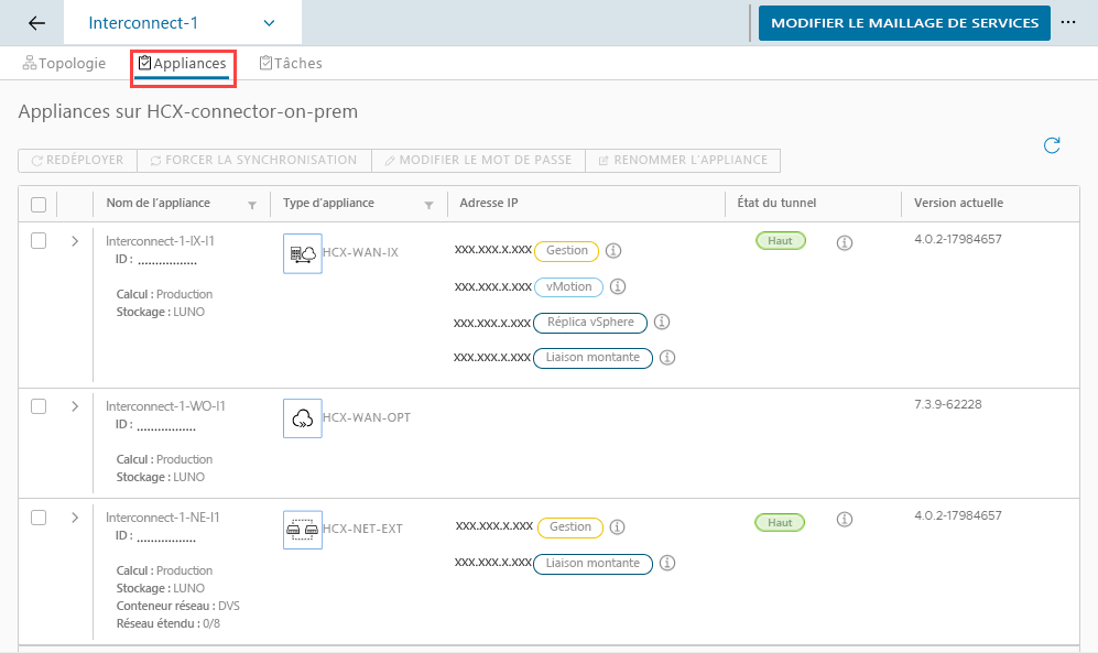 Screenshot of checking the health status of the on-premises HCX appliances.