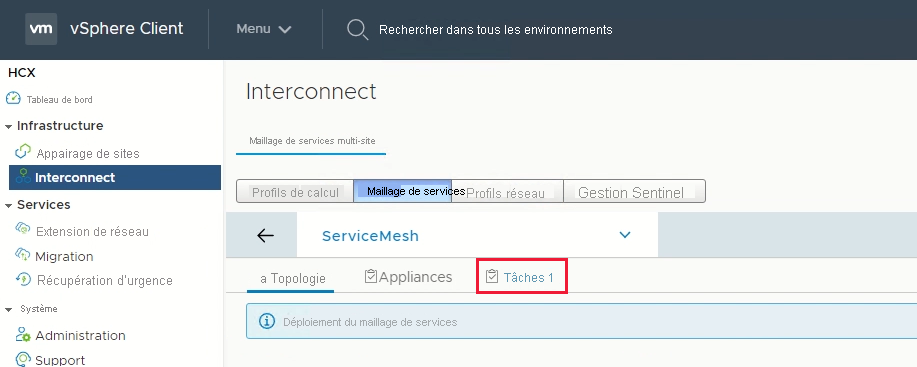 Screenshot of the button for viewing service mesh configuration tasks in the on-premises HCX Connector.