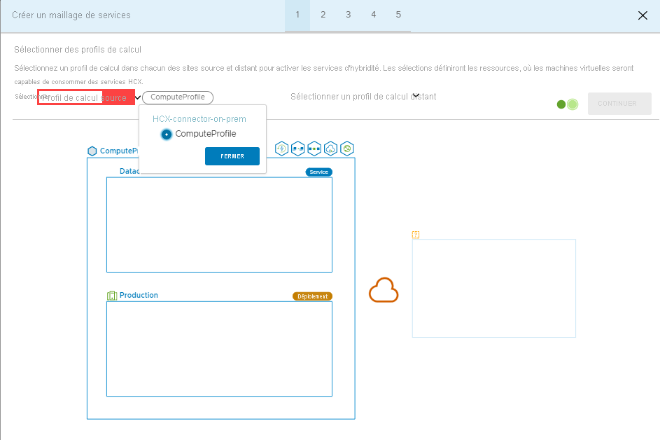 Screenshot that shows selecting the source compute profile in the on-premises HCX Connector.