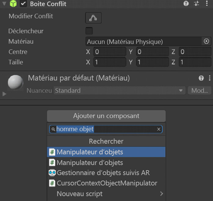 Screenshot of adding the Object Manipulator script.