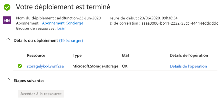 Capture d’écran du portail Azure montrant le compte de stockage déployé.