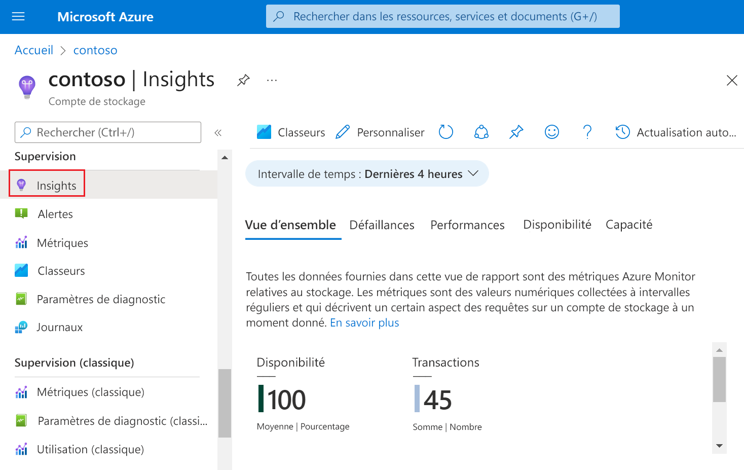 Screenshot of storage Insights in the Azure portal.