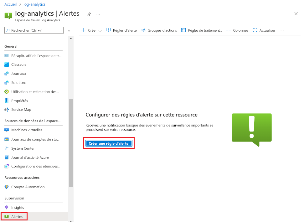 Capture d’écran montrant comment créer une nouvelle règle d’alerte.