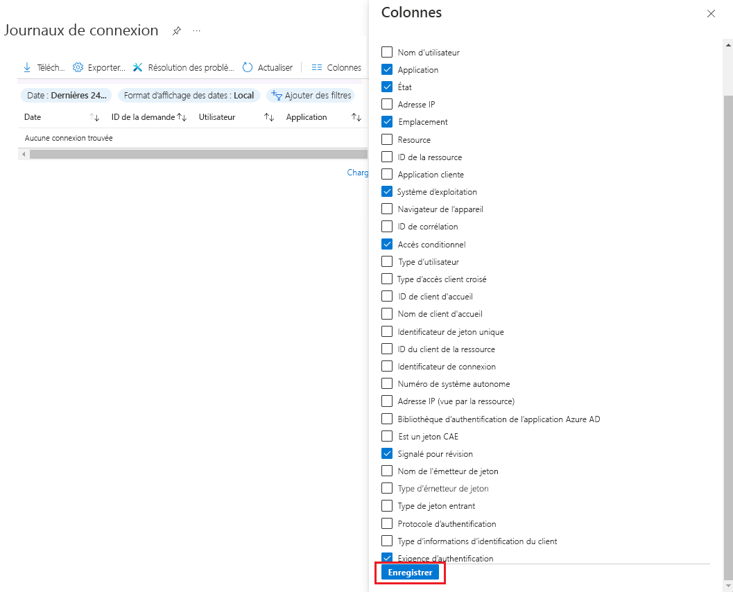 Capture d’écran montrant comment sélectionner Enregistrer pour sélectionner et effacer les colonnes des journaux de connexion.