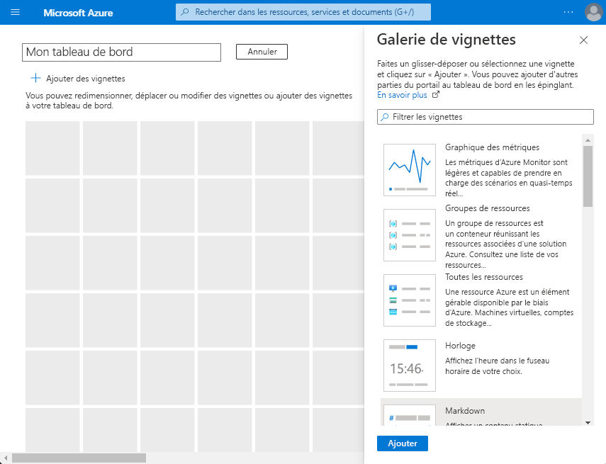 Capture d’écran montrant comment ajouter des vignettes à un tableau de bord.