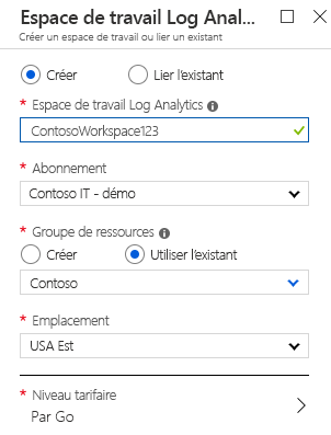 Capture d’écran montrant de nouvelles options d’espace de travail Log Analytics.