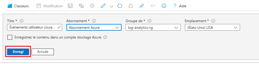 Capture d’écran montrant les détails et le bouton Enregistrer pour une requête d’analytique des journaux d'activité.