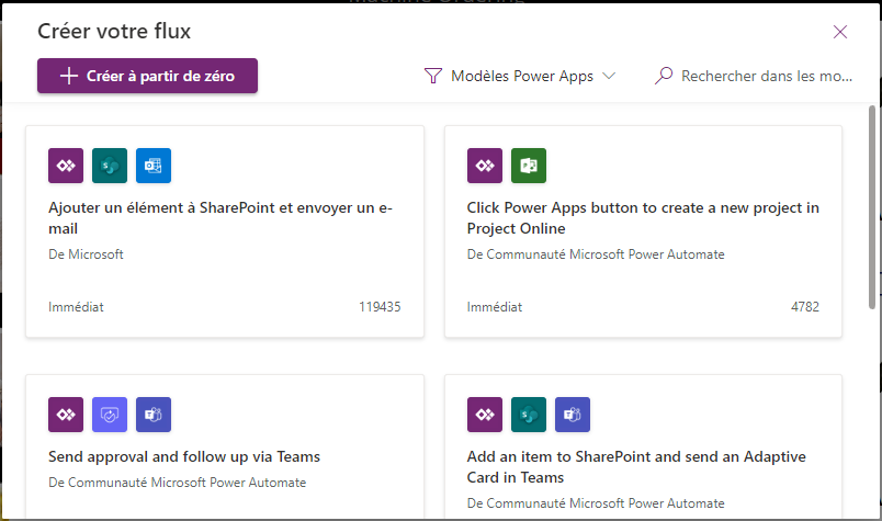 Capture d’écran des résultats de recherche du bouton PowerApps.