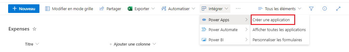 Capture d’écran de la barre d’outils de SharePoint avec le menu Flux développé de PowerApps et l’option Afficher toutes les applications mise en évidence.