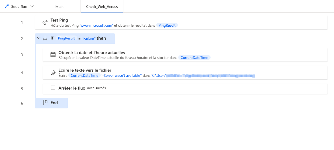 Capture d’écran des actions facultatives dans le sous-flux Check_Web_Access.