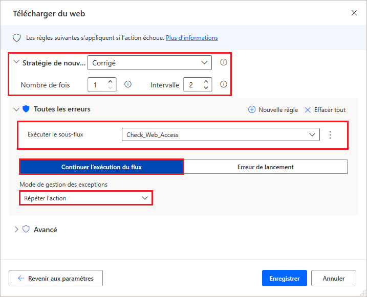 Capture d’écran des options de gestion des erreurs de l’action Télécharger du web.