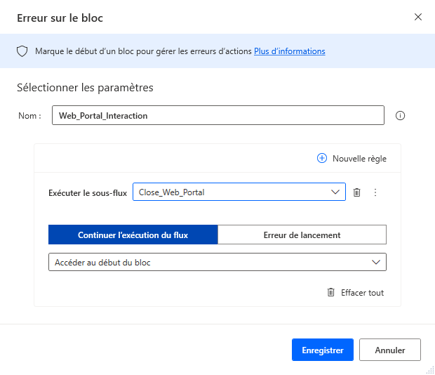 Boîte de dialogue Propriétés de l’action Erreur sur le bloc.