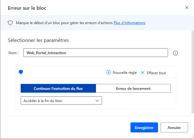 Capture d’écran de l’action Erreur sur le bloc.