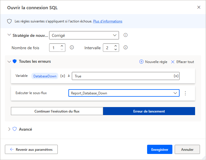 Onglet Gestion des exceptions renseigné dans les propriétés de l’action Ouvrir une connexion SQL.