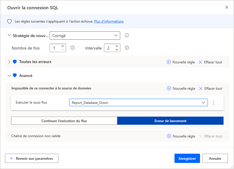 Onglet Gestion des exceptions renseigné dans les propriétés de l’action Ouvrir une connexion SQL avec des exceptions sélectionnées.