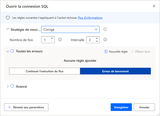 Gestion des exceptions dans les propriétés de l’action Ouvrir une connexion SQL.