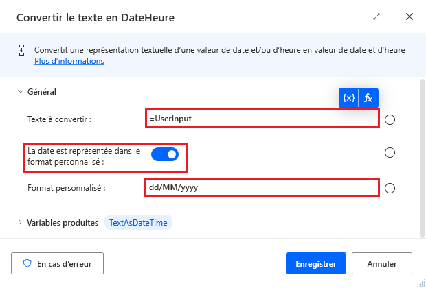 Capture d’écran de l’action Convertir le texte en date et heure.