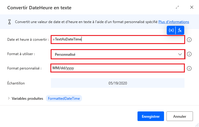 Capture d’écran de l’action Convertir la date et l’heure en texte.