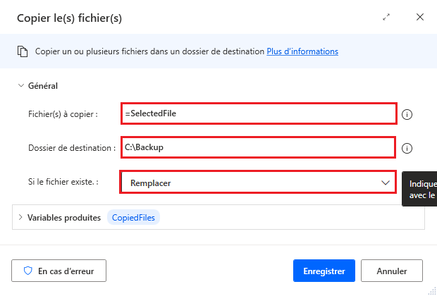 Capture d’écran de la boîte de dialogue de l’action Copier le dossier.