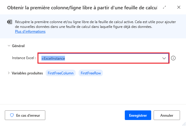 Capture d’écran de la boîte de dialogue de l’action Obtenir la première colonne/ligne libre à partir d’une feuille de calcul Excel.