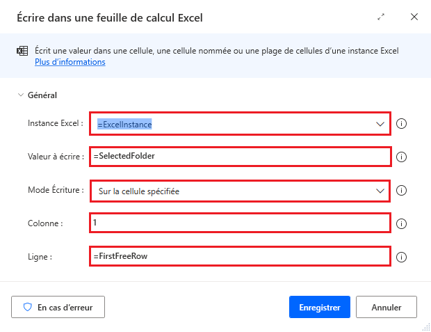 Capture d’écran de l’action Écrire dans une feuille de calcul Excel permettant d’écrire le chemin d’accès au dossier.