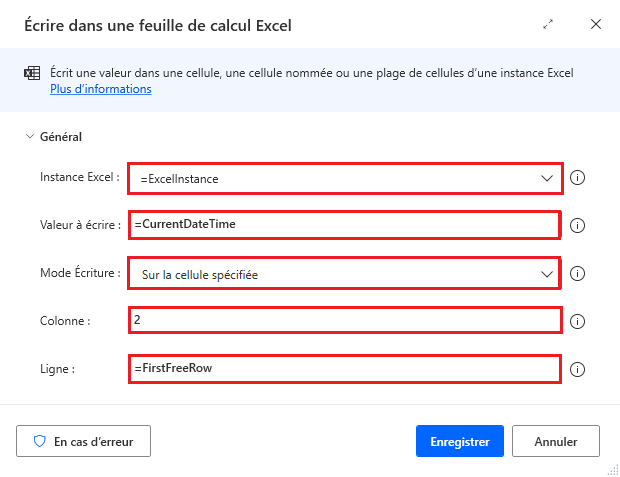 Capture d’écran de l’action Écrire dans une feuille de calcul Excel permettant d’ajouter l’horodatage.