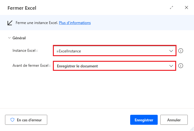 Capture d’écran de la boîte de dialogue de l’action Fermer Excel.